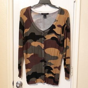 [Ashley Stewart]Camo Print Long Sleeve Button Down Lightweight Cardigan Sweater